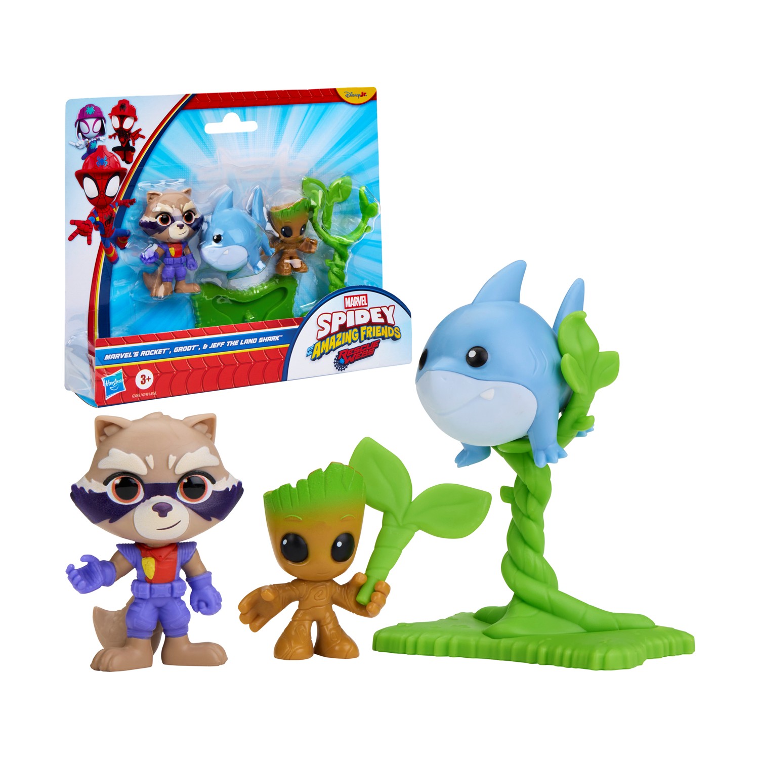 Hasbro Disney Jr.: Marvel Spidey and His Amazing Friends Rescue Webs - Groot, Rocket & Jeff the Land Shark Figures (G3045) Hasbro Disney Jr.: Marvel Spidey and His Amazing Friends Rescue Webs - Groot, Rocket & Jeff the Land Shark Figures (G3045)